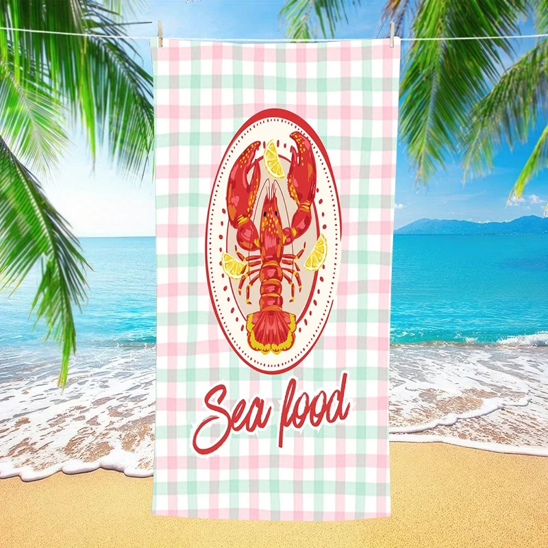 Lobster Beach Towel Pink Green Plaid Seafood Letter Microfiber Quick Dry Oversized Summer Pool Vacation Travel Bath Towel Gift