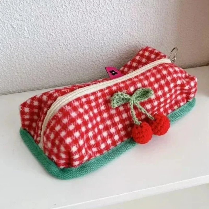 

Cute Red Plaid Cosmetic Storage Bag Large Capacity Kawaii Makeup Case Makeup Brush Pencil Case