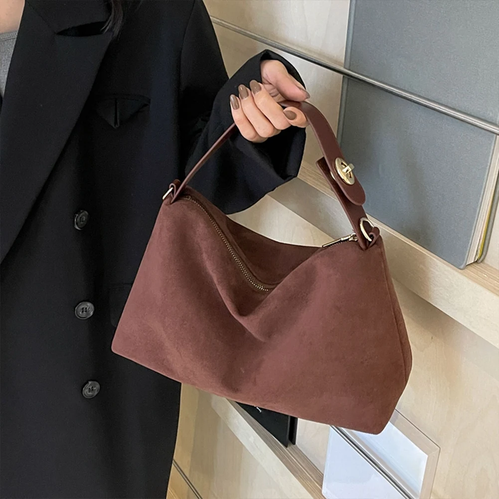 

Women Suede Shoulder Bag Solid Color Simple Autumn Vintage Women's Bag Large Capacity Commuting Crossbody Bag with Inner Pocket