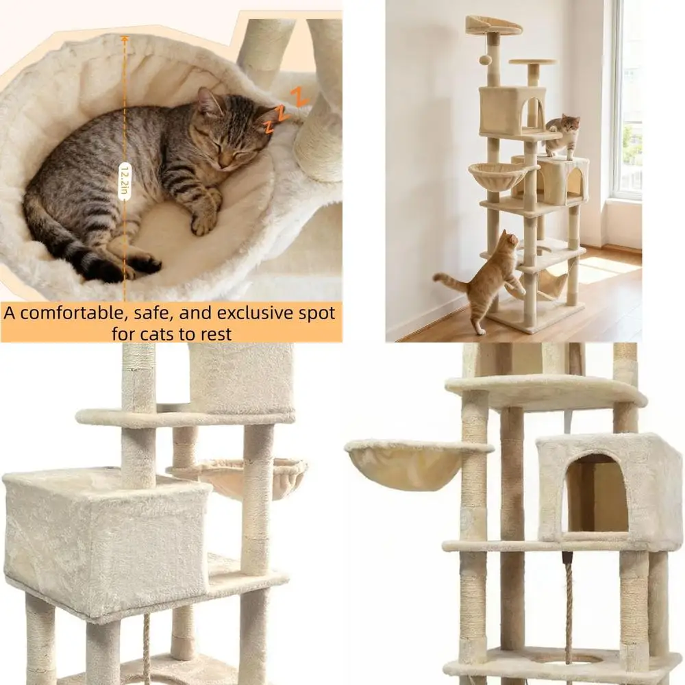 

68 Indoor Cat Tree with 7 Scratch Posts, 2 Perches, 2 Caves, and Hammock - Plush Beige