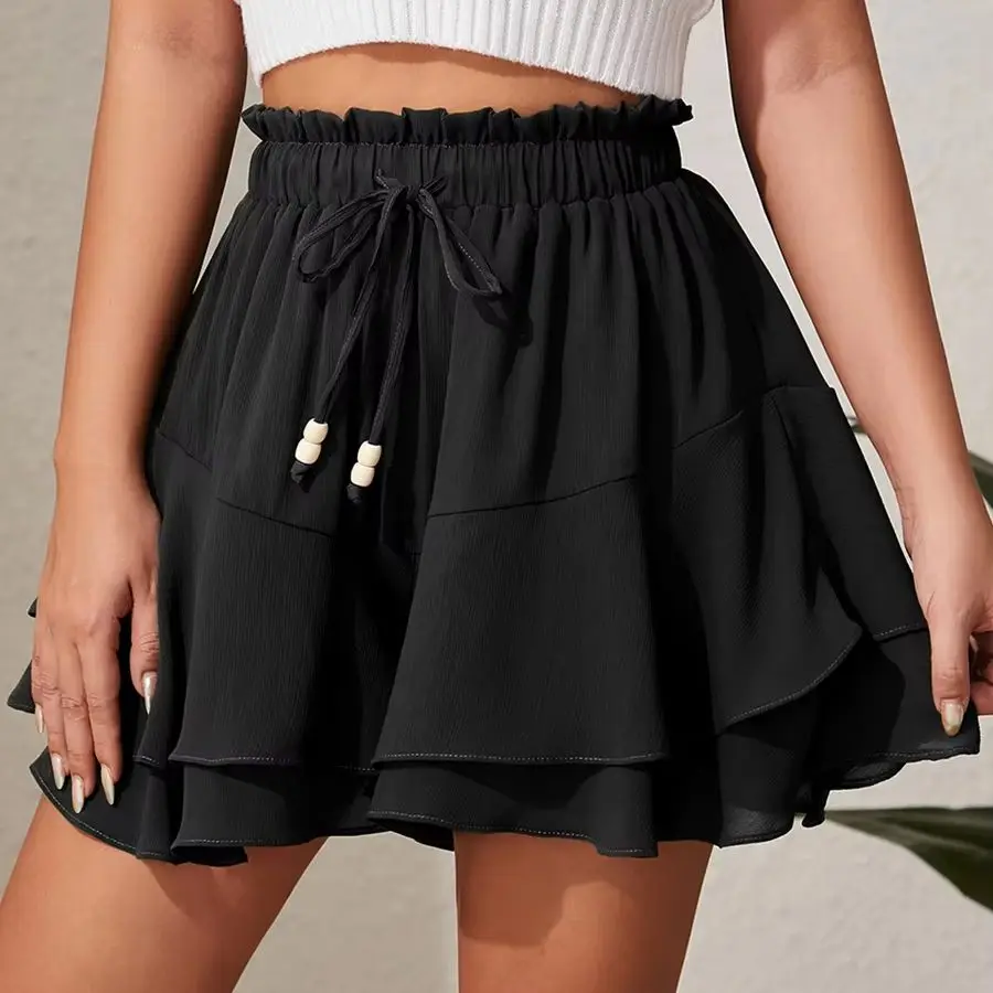 Double Layered Skirt Pants with Pleated Edges Elastic Waist Adjustable Drawstring Sports Anti-Light Casual Skirt Pants юбка