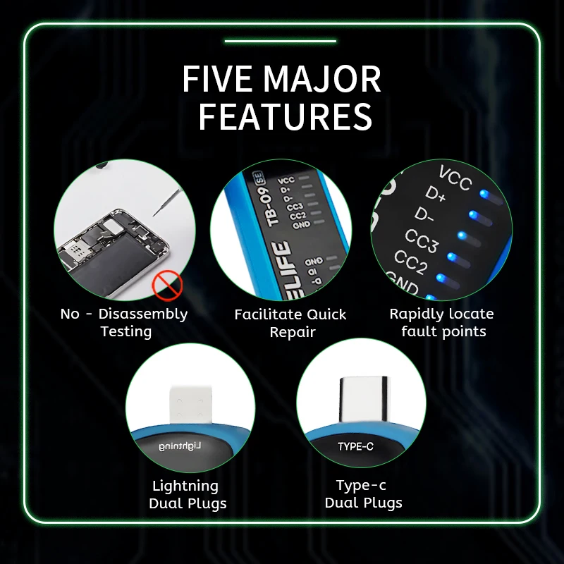 RELIFE TB-09 SE Simple Tail Insertion Tester Lightning/Type-c Dual Plugs for Mobile Phone Motherboard PCB Repair