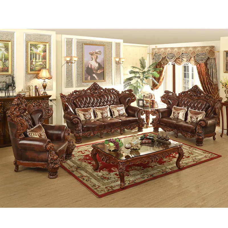 For Antique Top Quality Luxury Style Sofa  Solid Wood Royal Leather European Living Room Sofa Sets