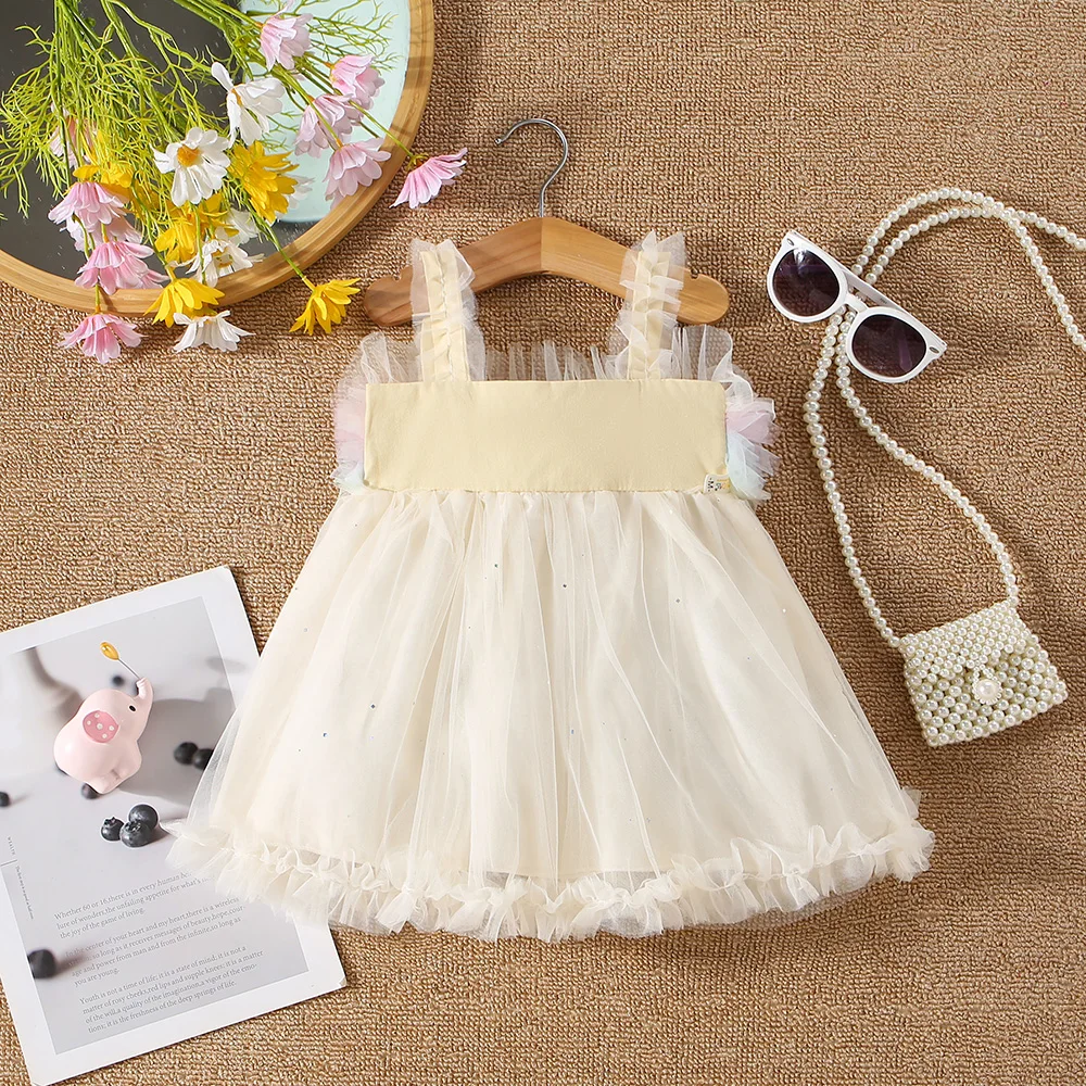 Summer baby girl dress 0-3-year-old baby girl color mesh patchwork solid mesh suspender princess dress