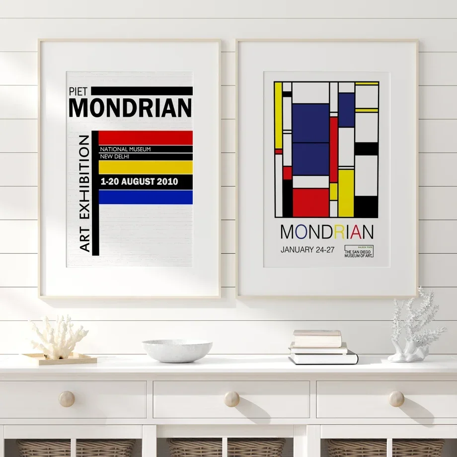 Piet Mondrian Exhibition Art Prints Abstract Lines Composition Blue Red Yellow Canvas Painting Posters Porch Home Museum Decor