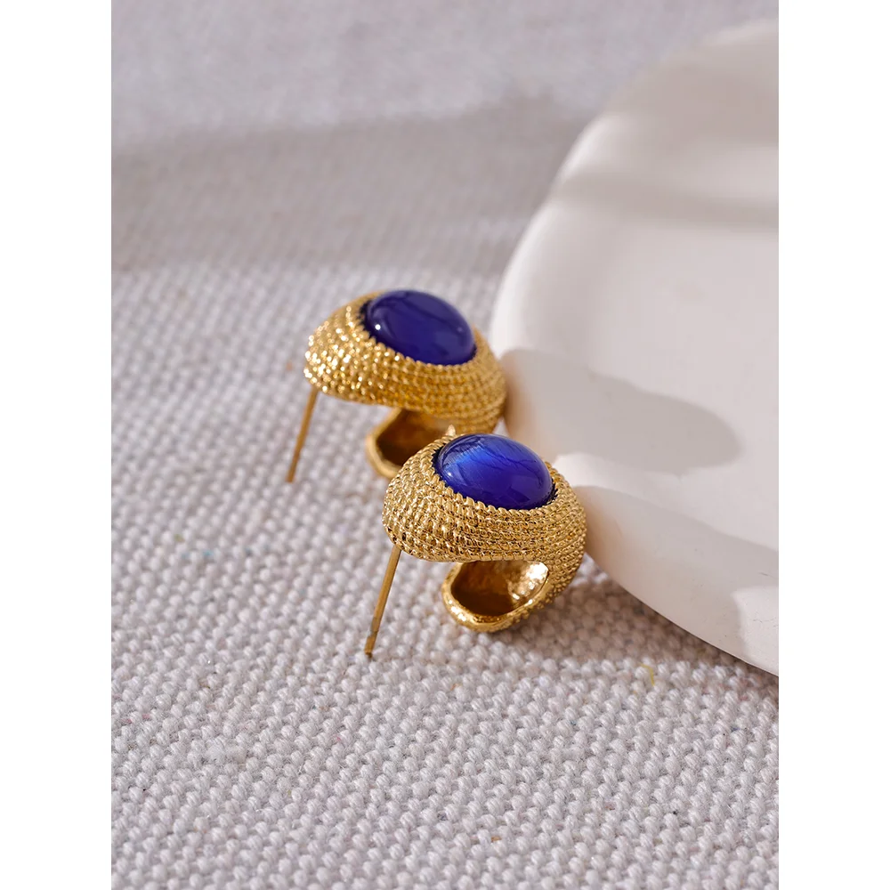 Yhpup Vintage Green Blue White Cat Eye Stone Stainless Steel C Shape Geometric Fashion Earrings Gold Color Fashion Jewelry Gift