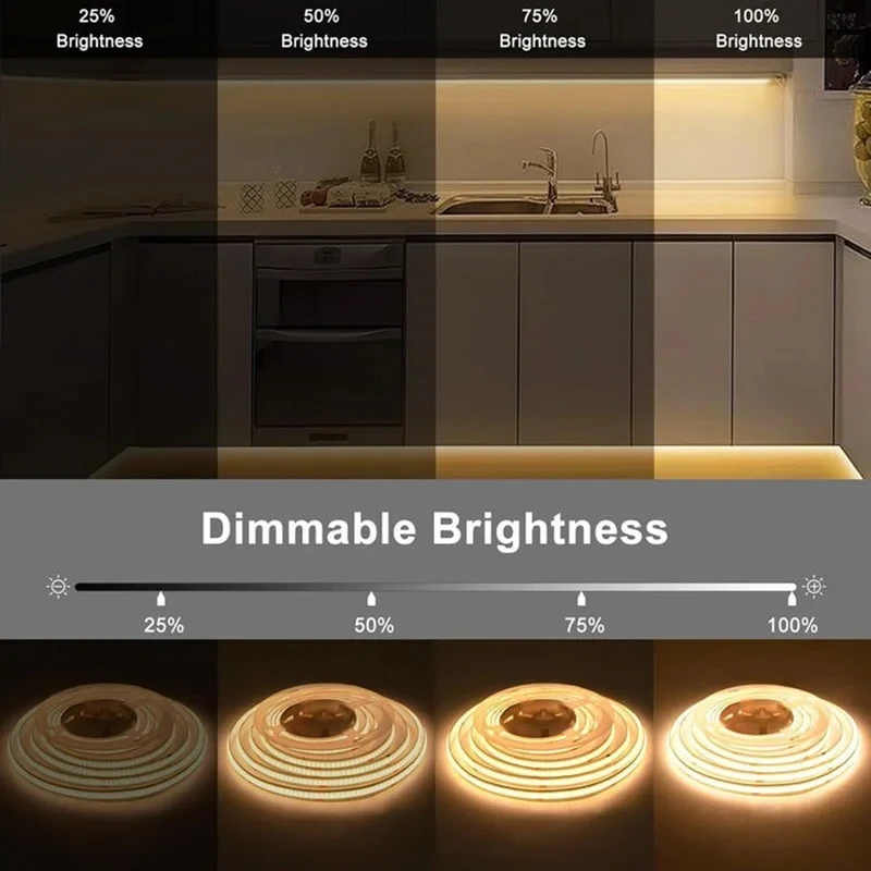 High Brightness 5M/Roll CCT 2700K To 6500K Cob Led Strip Dimmable 12V 24V Ra90 608leds 5MM 8MM 10MM CCT Led Strip Light