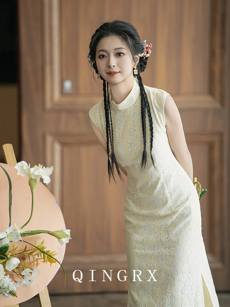 

Белое кружевное платье-ципао в китайском стиле для свадебной церемонии, банкета, винтажное длинное платье-юбка