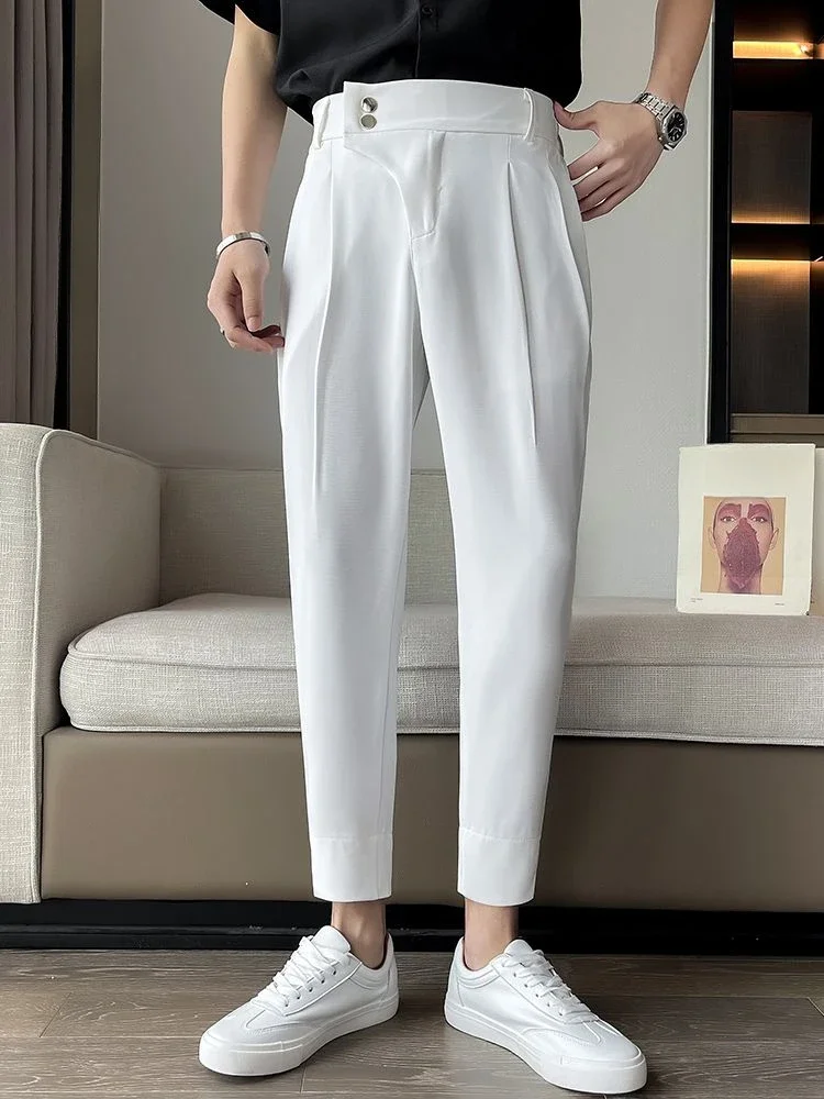 

Draped Men's Summer Pants Office Fluid White Male Suit Trousers Work Luxury Vintage Formal Thin Casual New in Cheap High Quality