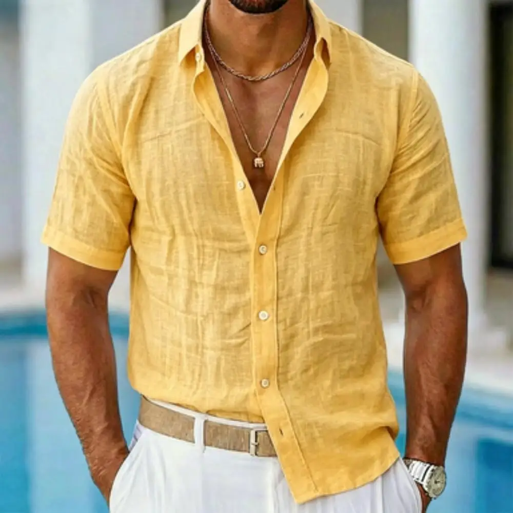 Chemise homme en lin uni à manches courtes, simple et confortable, pour un usage quotidien décontracté, 14 couleurs