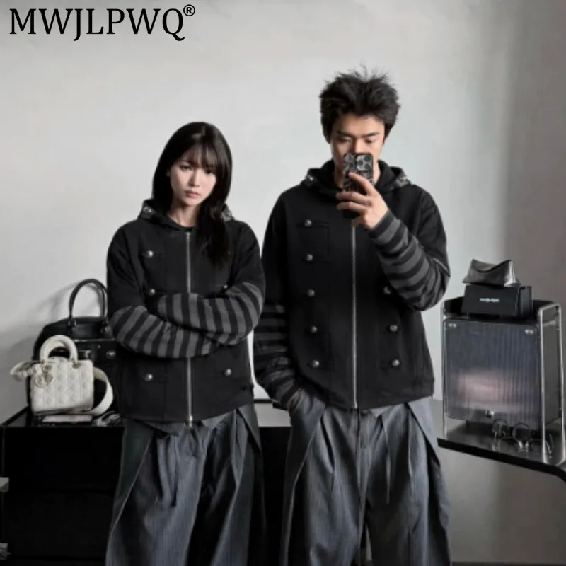 MWJLPWQ Striped Patchwork Design Faux Two-Piece Hooded Cardigan Sweatshirt Men Spring Autumn Double-Breasted Casual Tops 21390