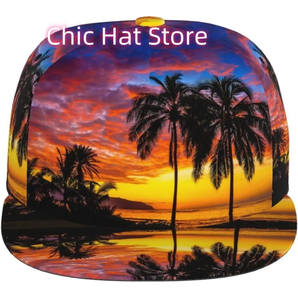 Urocze czapki bejsbolówki z siatką z motywem palm i zachodu słońca dla mężczyzn i kobiet, regulowane, outdoorowe, hawajskie czapki typu snapback chroniące przed słońcem.