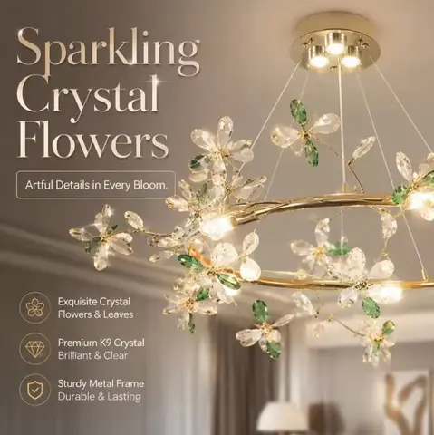 Modern Nordic Crystal Flower Chandelier Gold Ring Glass Pendant Light 2026 Dimmable Ceiling Luster for Living Room Villa