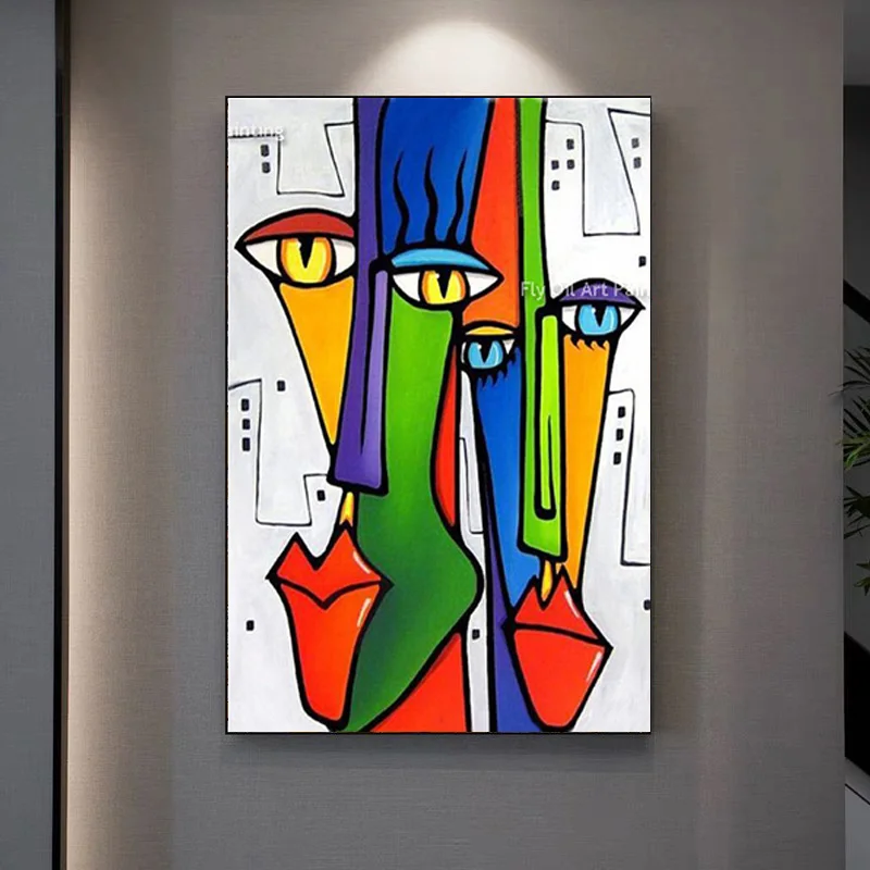 Colorful Cubist Face Thick Oil Painting On Canvas, Modern Impasto Artwork Handpainted Vertical Wall Decor
