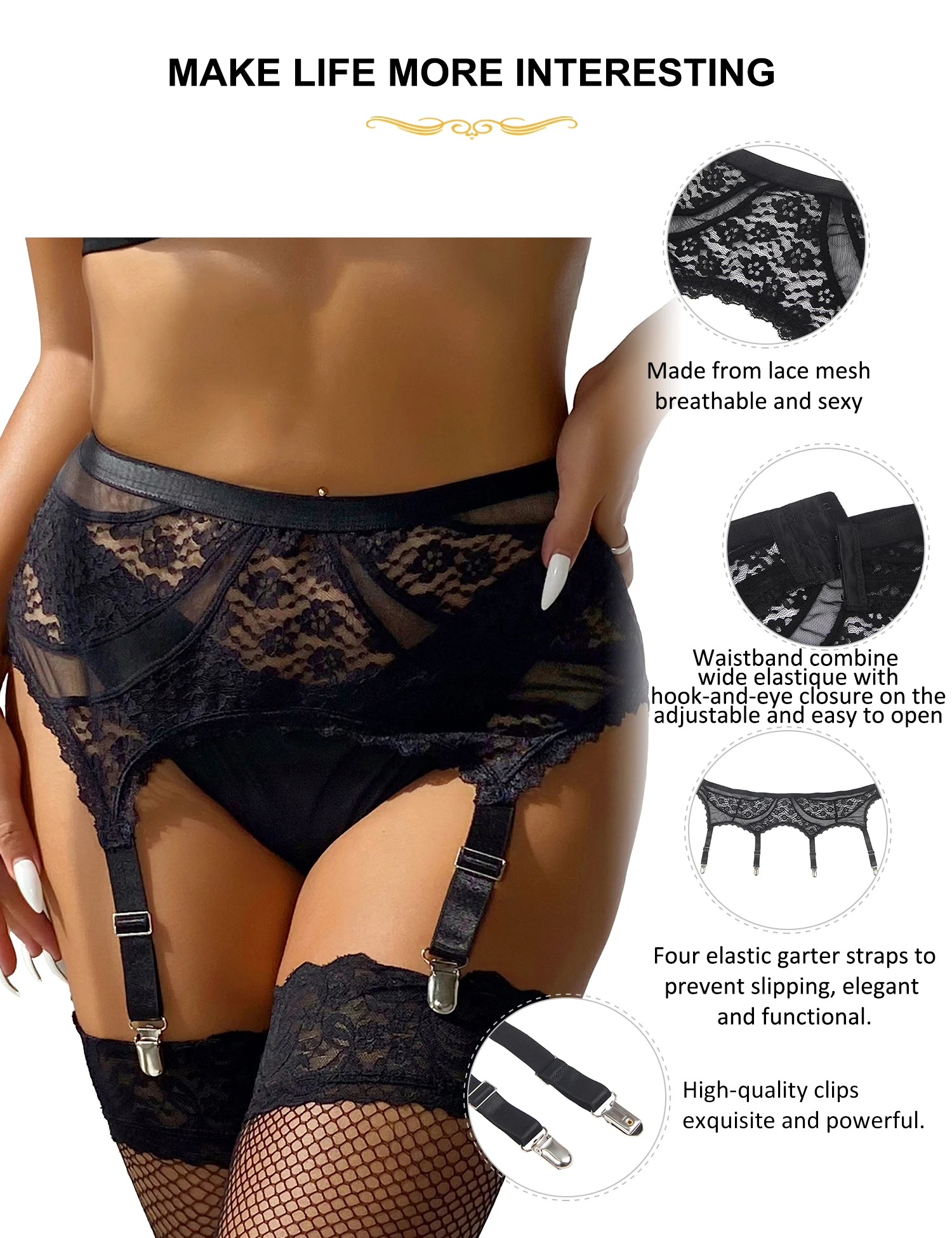 Ohyeahlady Large Size Floral Stocking Garters Black See Through Lace High Elastic Stocking Belt With 4 Widened Adjustable Straps