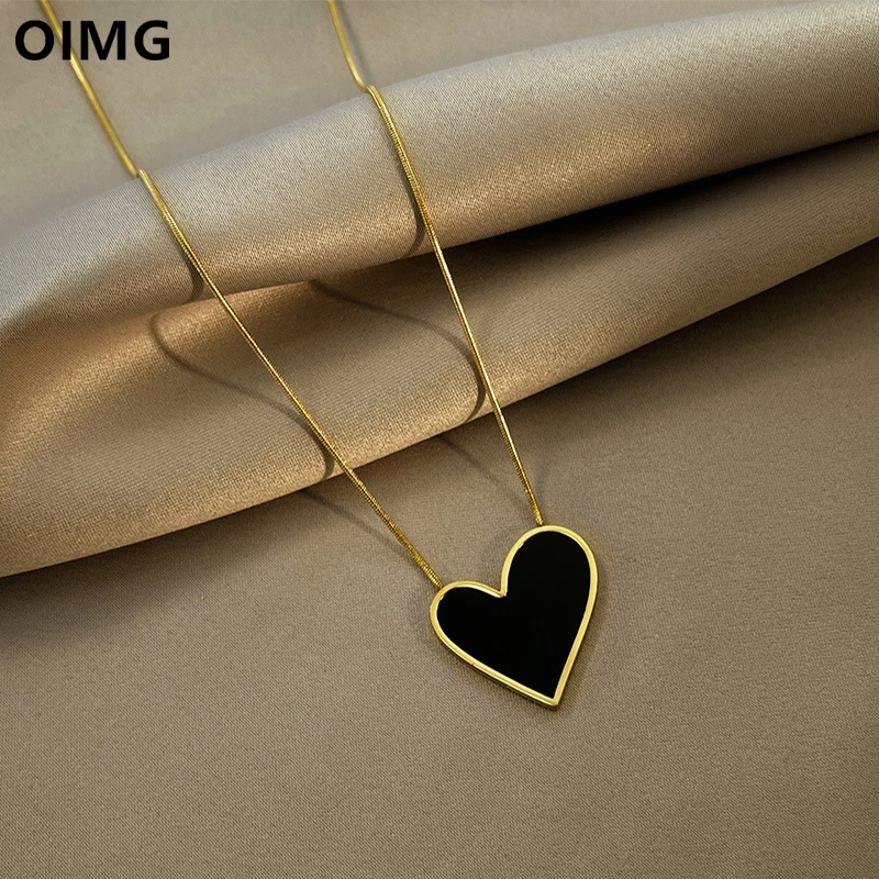 OIMG 316L Stainless Steel Gold Color Korean Sweet Balck Irregular Heart Big Pendant Necklace For Women Girls Temperament Gifts