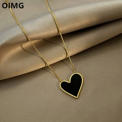 OIMG 316L Stainless Steel Gold Color Korean Sweet Balck Irregular Heart Big Pendant Necklace For Women Girls Temperament Gifts