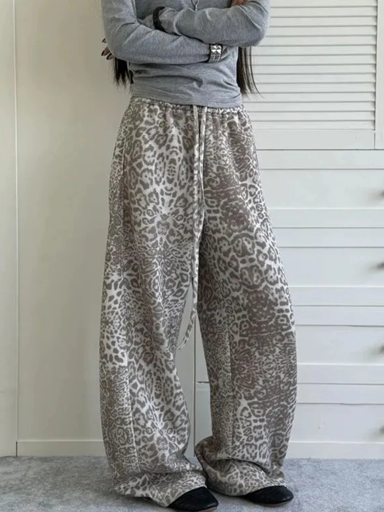 Y2k American Leopard Pant Women Hop High Waist Streetwear Retro Trousers Harajuku Fall Winter Casual Bf Lace Up Pants
