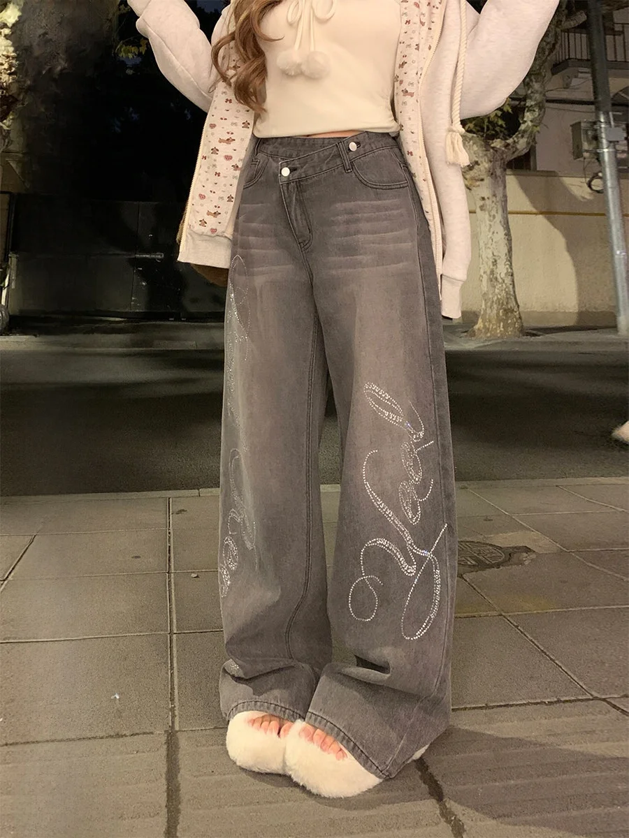 

Wide Leg Denim Jeans Women's plus Size Letter Rhinestone Anni Pear Shaped Jeans Natural Waist Daily Wear Medium Soft Fabric