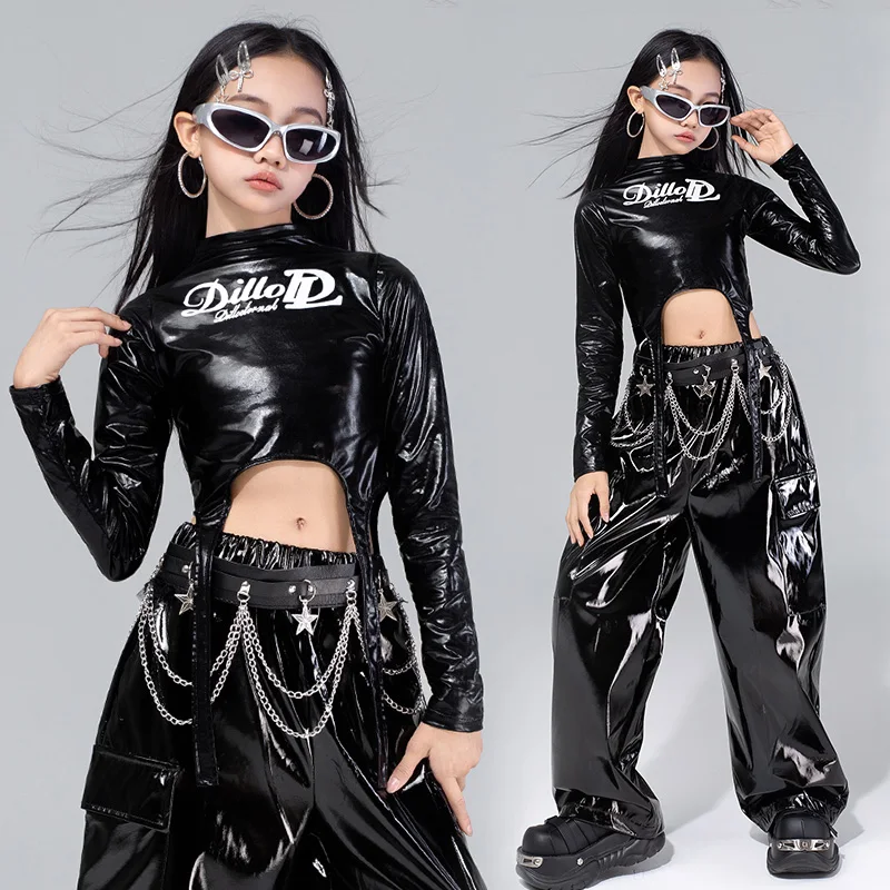 2025 ملابس رقص الجاز للفتيات ملابس أداء Kpop لامعة سراويل رقص سوداء موضة الهيب هوب ملابس الرقص في الشارع VDL4575 #1
