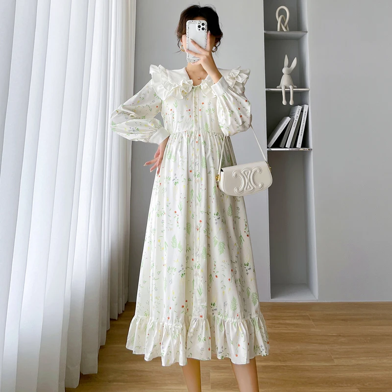 

Spring Autumn Maternity Fishtail Dress Long Sleeve Ruffled Large Peter Pan Collar Fashion Printing Pregnant Woman Chiffon Dress