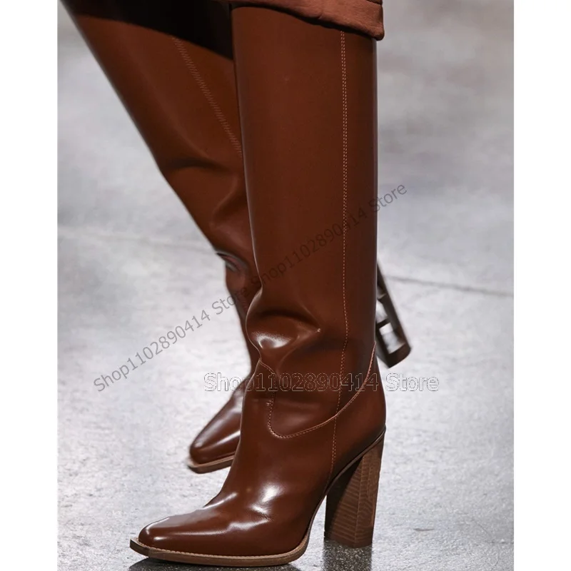 Brown Black Sewing Design Pointy Toe Boots Knee High Slip On Women Shoes Chunky High Heels New Fashion 2023 Zapatos Para Mujere