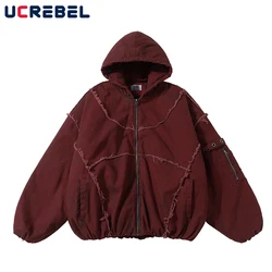 Distressed Spliced Padded Jacket Mens Embroidery Winter Thick Hip Hop Streetwear Hooded Long Sleeve Quilted Jacket Men