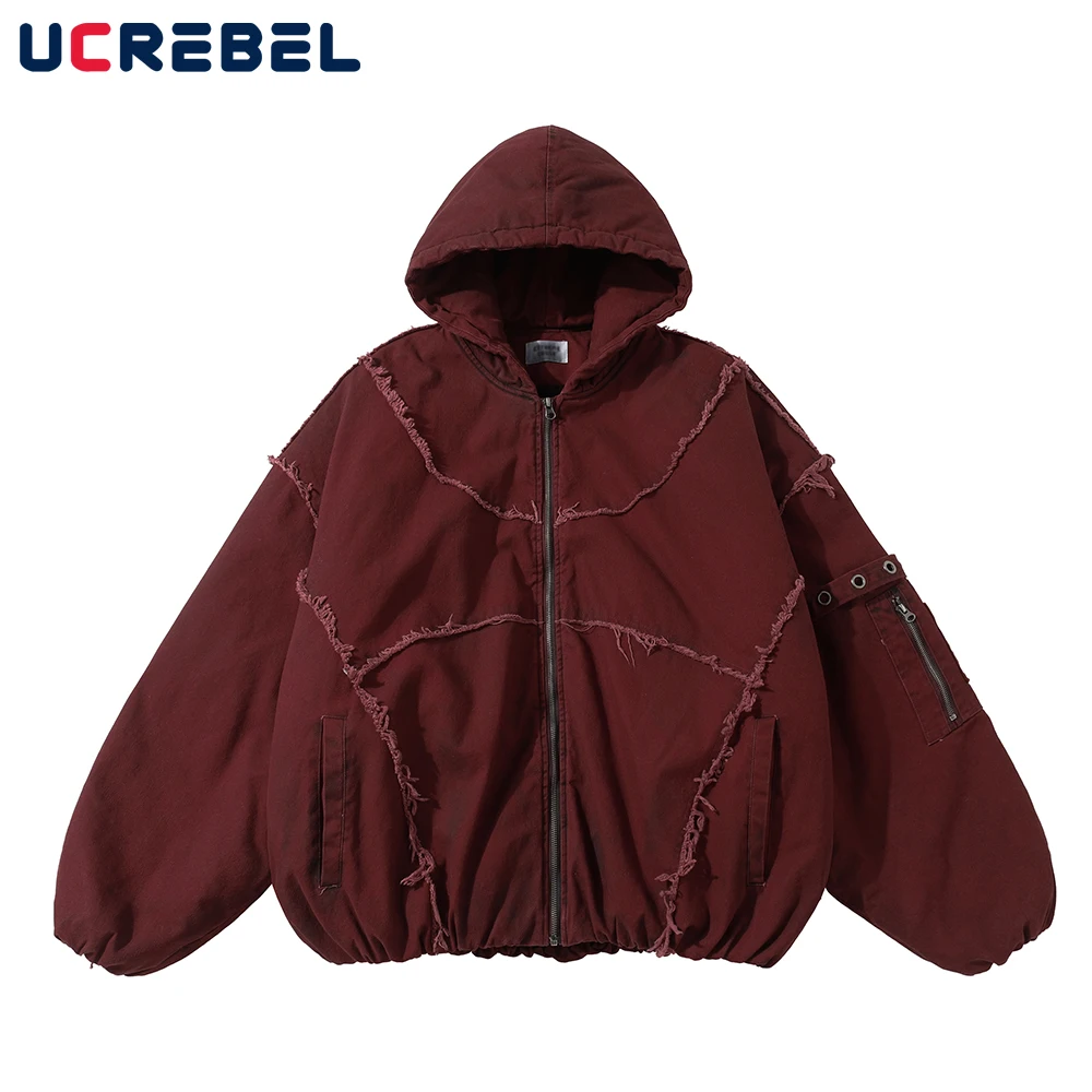 Distressed Spliced Padded Jacket Mens Embroidery Winter Thick Hip Hop Streetwear Hooded Long Sleeve Quilted Jacket Men