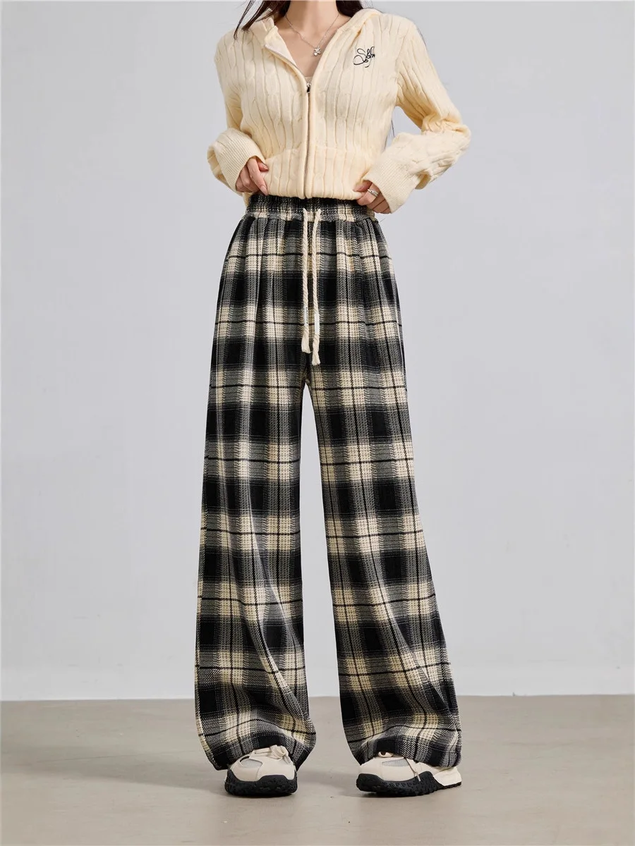 Thi الدافئة منقوشة واسعة الساق السراويل خمر Sle عالية الخصر مستقيم قطع عارضة السراويل للنساء الخريف الشتاء Faion