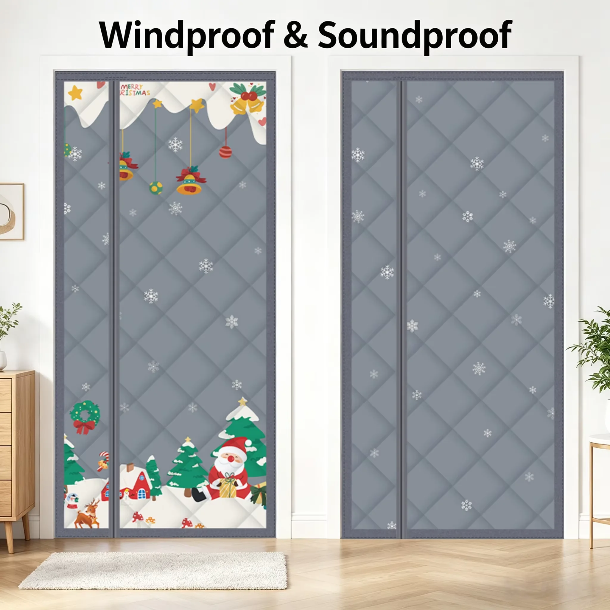 Christmas Double-Panel Windproof Thermal Insulation Magnetic Auto Closure No-Drill Screen Door for Indoor Outdoor