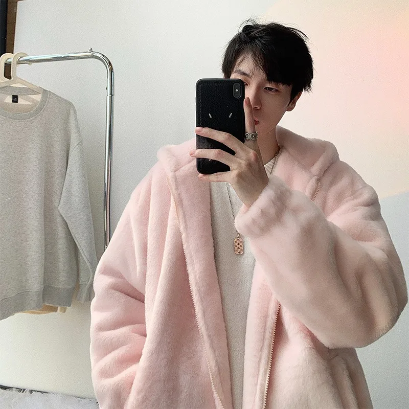 2025 New Winter Faux Lamb Wool Hoodie Jacket for Men Korean Fashion Harajuku Warm Zip Up Hoodie Streetwear Men Clothing Y2k