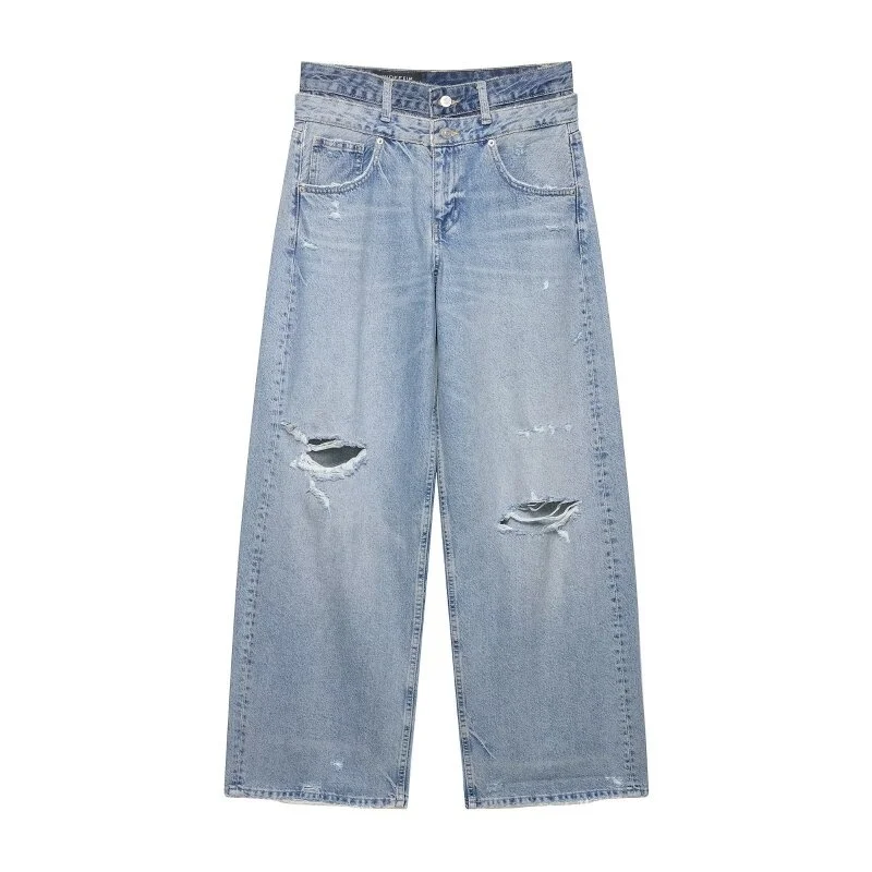 2026 New Arrival Women's Double Waistband Distressed Jeans Y2K Grunge Ripped Wide Leg Denim Pants Spring Streetwear Baggy Trouse