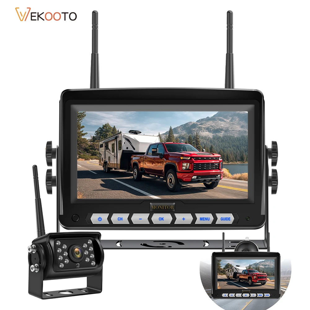 7 Inch AHD Wireless Car DVR Monitor, Dual Antenna 4 Channel 720P WiFi Vehicle Reverse Backup Recorder for Truck Bus Trailer