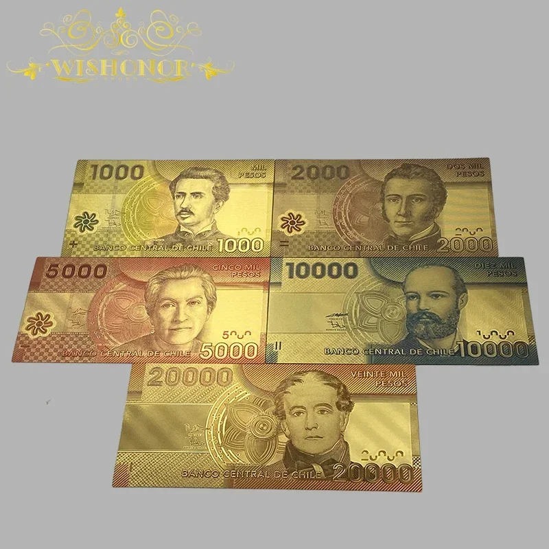 5 Design Nice Chile 1,000 2,000 5,000 10,000 20,000 Peso Gold Banknote in 24k Gold Plated For Collection