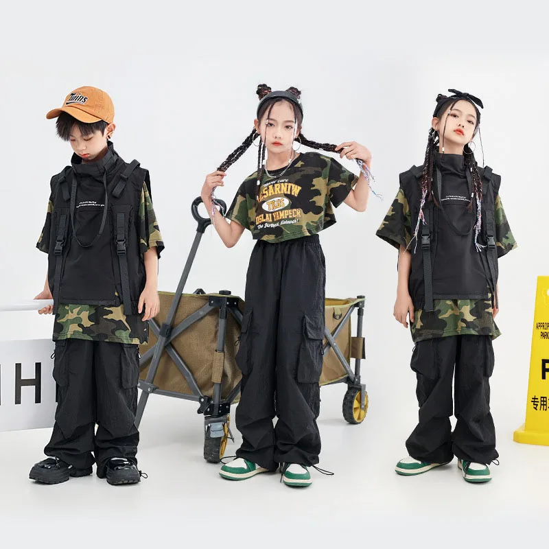 키즈 힙합 의류 카모 오버사이즈 티셔츠 크롭탑 베스트 블랙 캐주얼 포켓 카고 팬츠 (여아/남아) 재즈 댄스 의상
