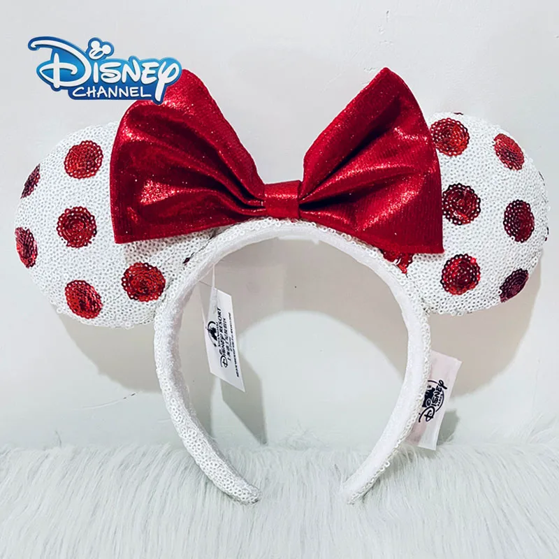 Disney Red And White Headband Mickey Ear For Adults Sequins Bow Headband Minnie Park Accessories Headwear