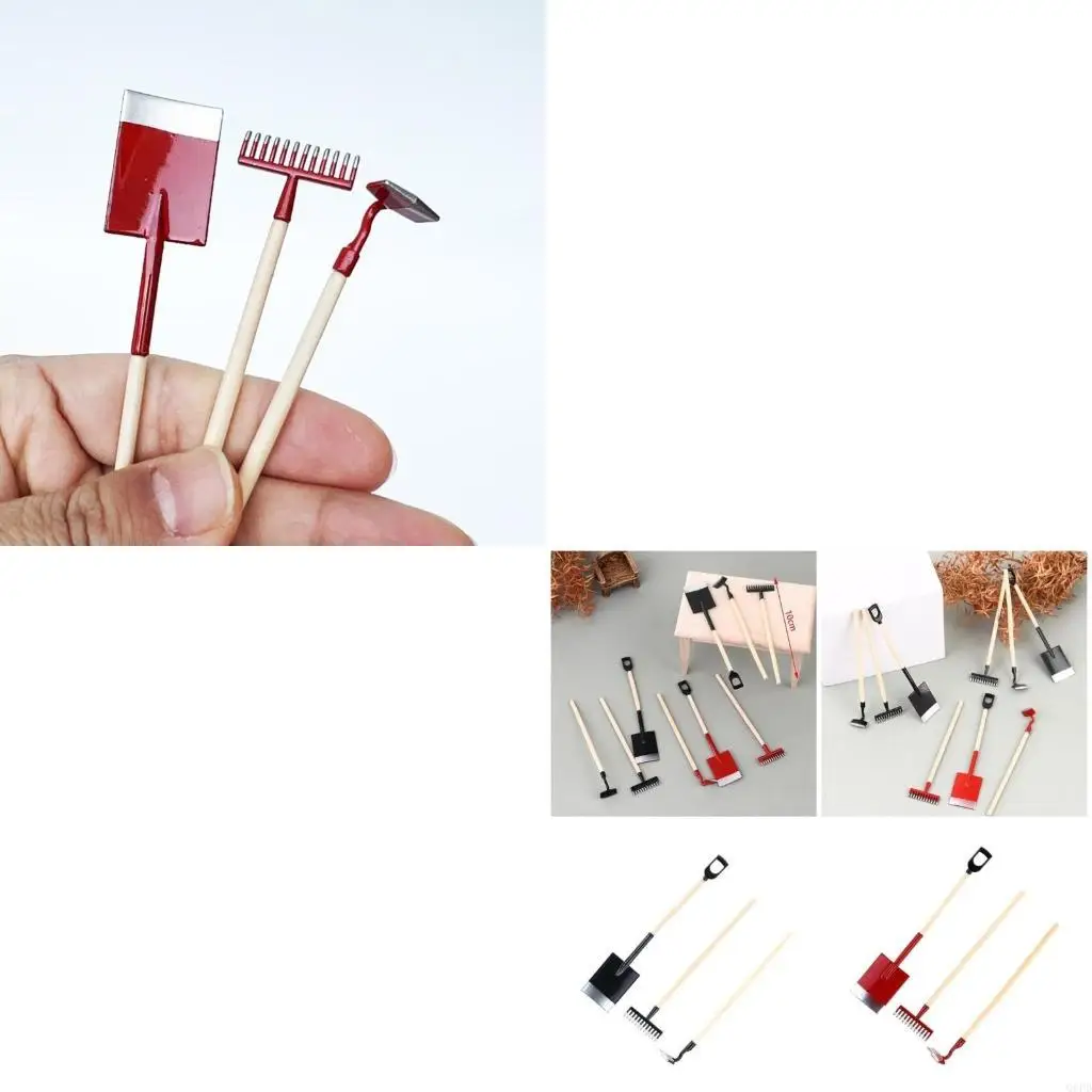 Ensemble d'outils jardin pour maisons poupées, 3 pelles, râteau, modèle houe, réalisme charme pour votre aménagement