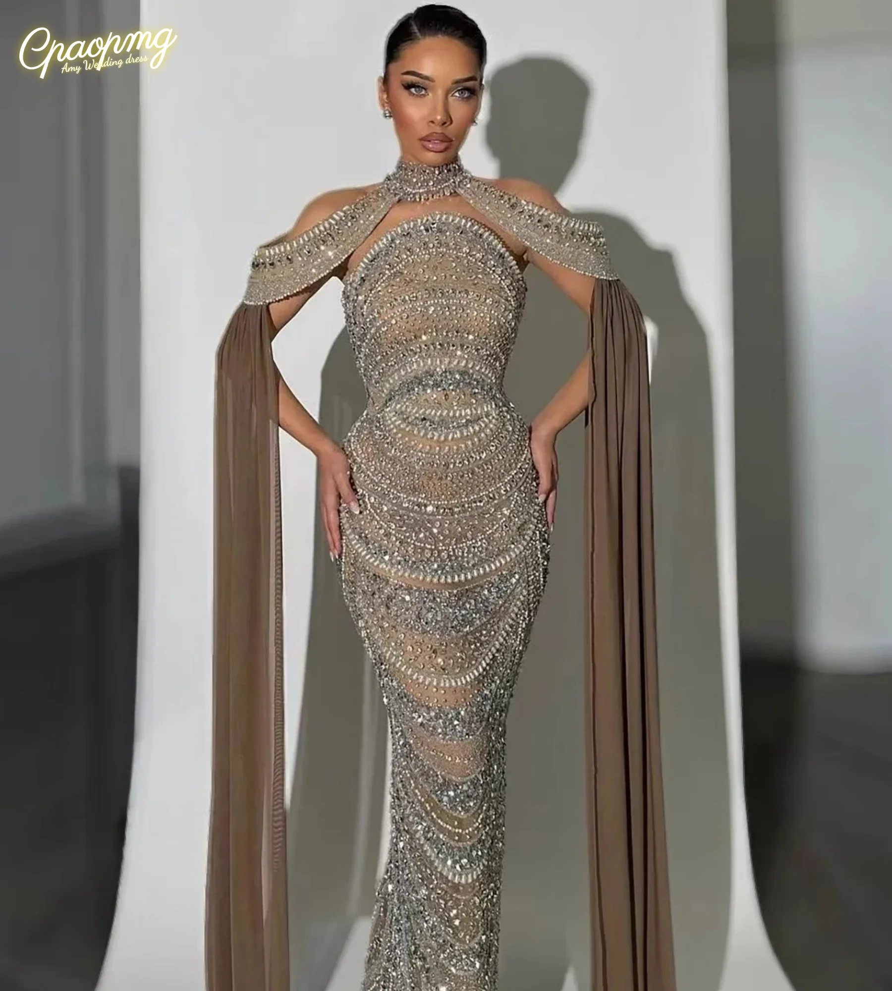

Customized Luxurious Rhinestones Evening Dress with Cape Strapless Mermaid Pearls Pageant Party Gown Vestidos De Fiesta