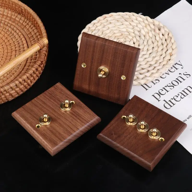 Zwart Walnoot Hout Retro Britse Lichtschakelaar Socket Nachtkastje Wandlamp Schakelaar LED Dimmer Zuiver Hout Messing Tuimelschakelaar Board