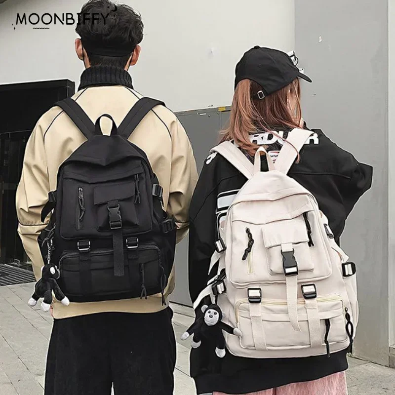 

Preppy Style Black Backpack Unisex Women Men Backpack Nylon Waterproof Multi-Pocket Design Mochilas Teenagers Shoulder Bag