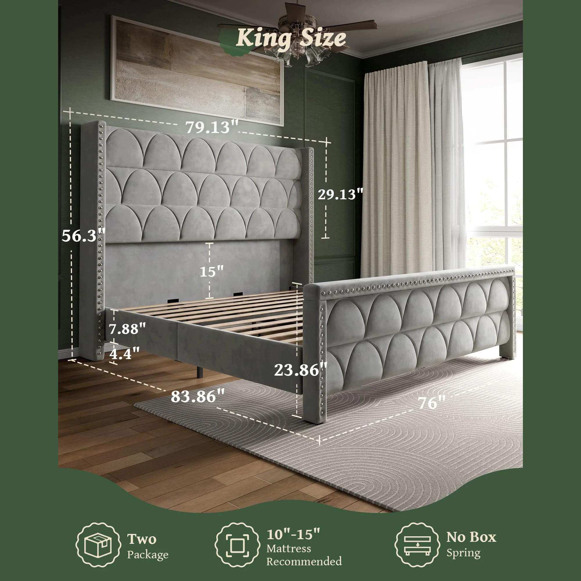 Queen Size Bed Frame with 56 in Headboard - Velvet Upholstered Wingback Platform Bed Frame, Noise Free, Sturdy Wooden Slat