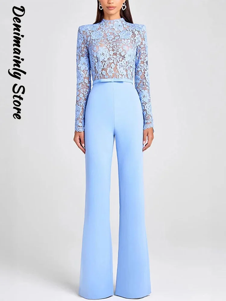

Elegant Lace Hollow Out Shirt Pants Set Women O-neck Full Sleeve Top Slim Flared Trousers 2025 Summer Lady Chic 2 Piece Suit