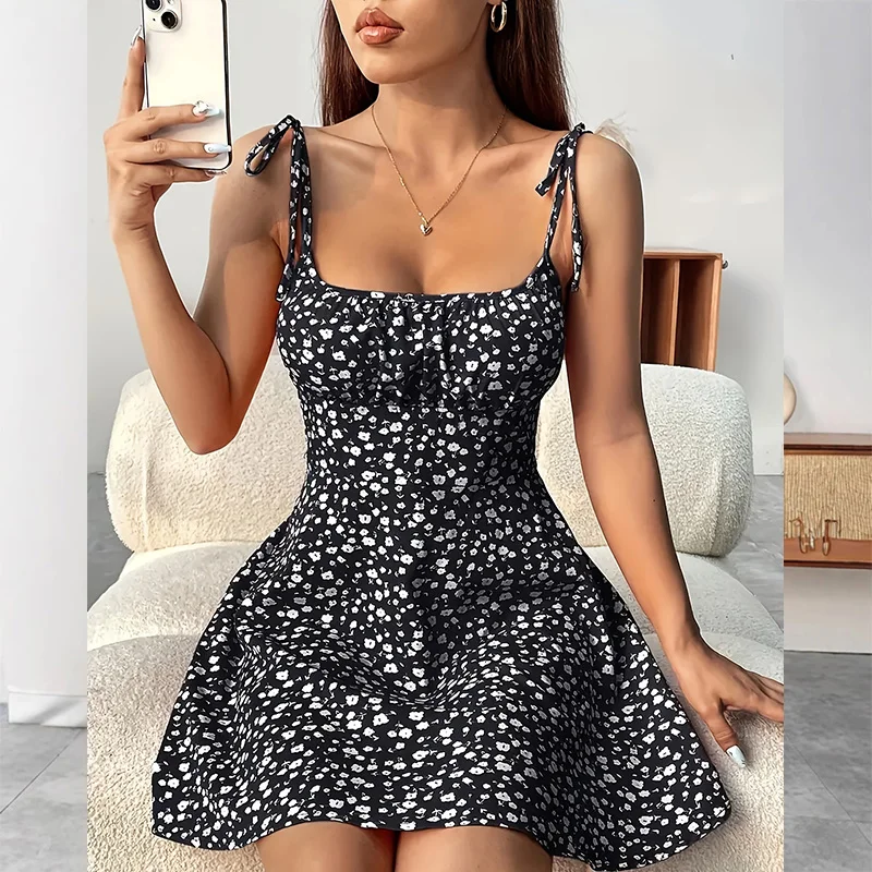 Casual Boho frauen Sommer Mini Kleid Blumen Druck Spaghetti Strap Strand Kurze Sommerkleid Elegante Backless Lose Kleider Vestidos
