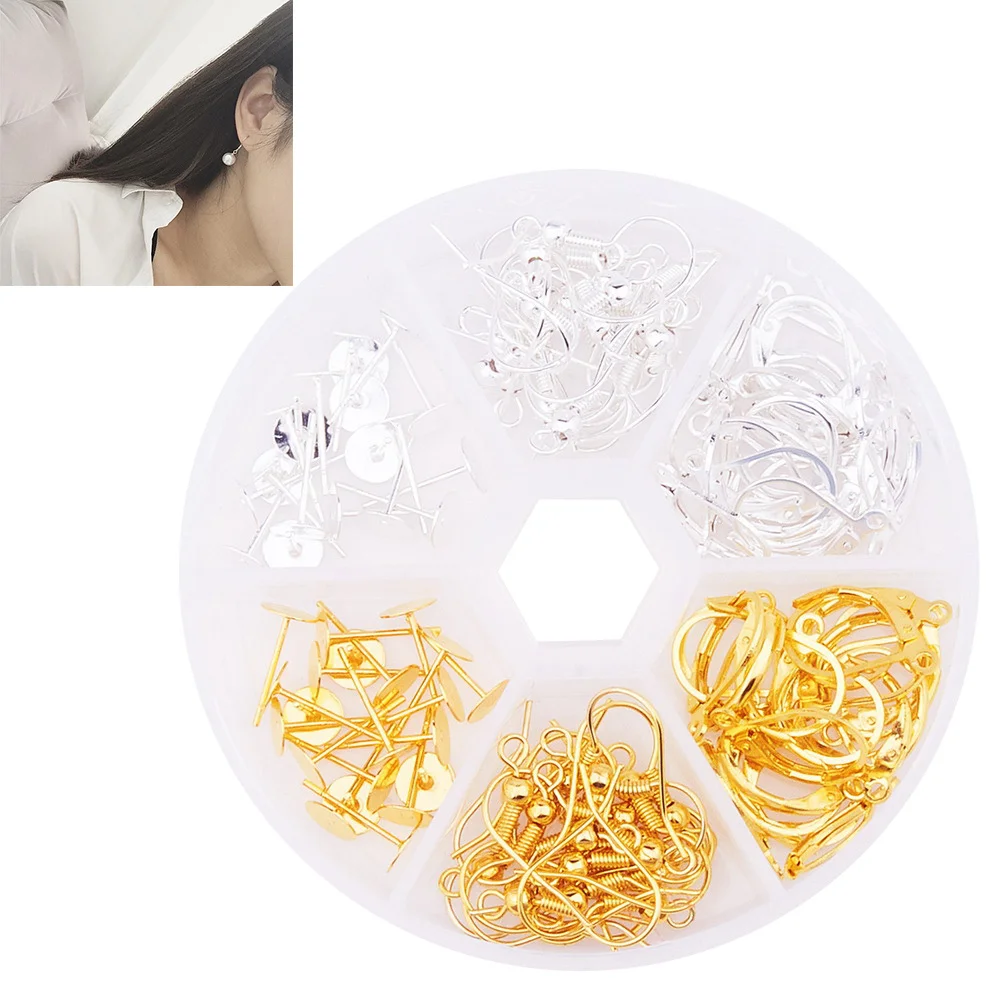 

120pcs Copper Hooks Set Mixed Style Earring Plugs Ear Back Stoppers Diy Jewelry Making Kit Storage Box Earring Scrolls Jewelry