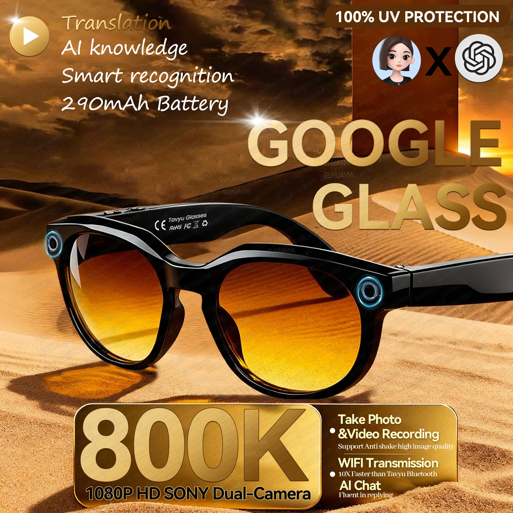 신제품 1080P 스마트 안경 남성용 800만 화소 HD 소니 듀얼 카메라 사진 촬영 비디오 녹화 학습 번역 AI 채팅 통화 안경 여성용