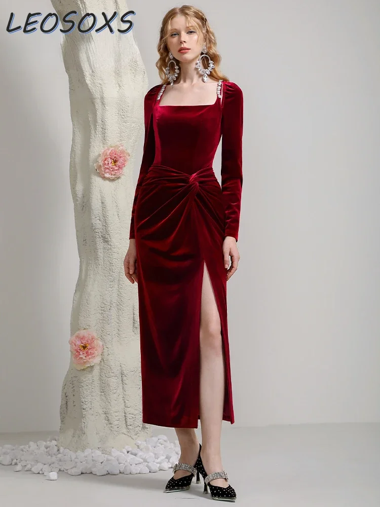 

High-End Ladies French Style Red Velvet Dress Autumn and Winter Slim Waist Sexy Slit Banquet Robe Evening Wedding Dress Women