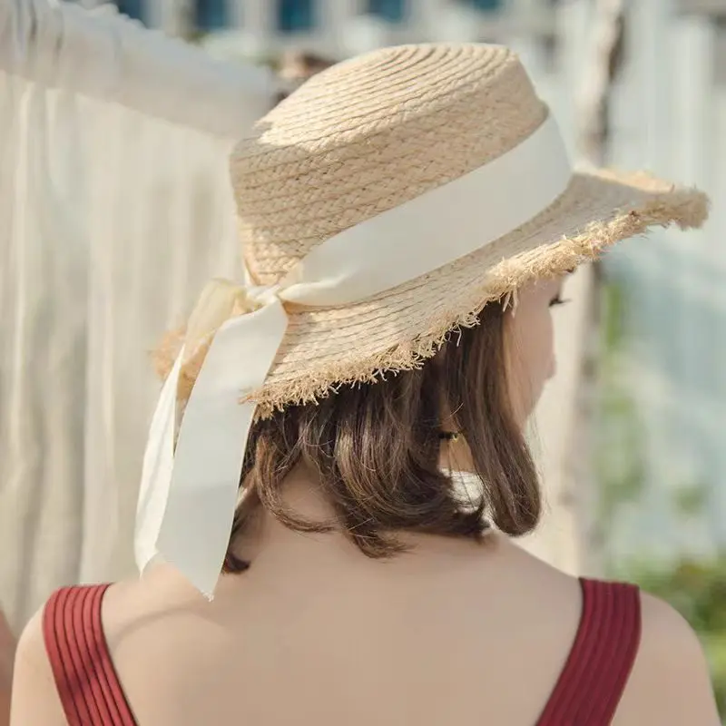 Mode handgemachte 100% natürliche Bast Dame Top große Krempe Strohhut Strand Mädchen Urlaub Panama Sonnencreme atmungsaktive Sonnenhut Großhandel – Detail 13