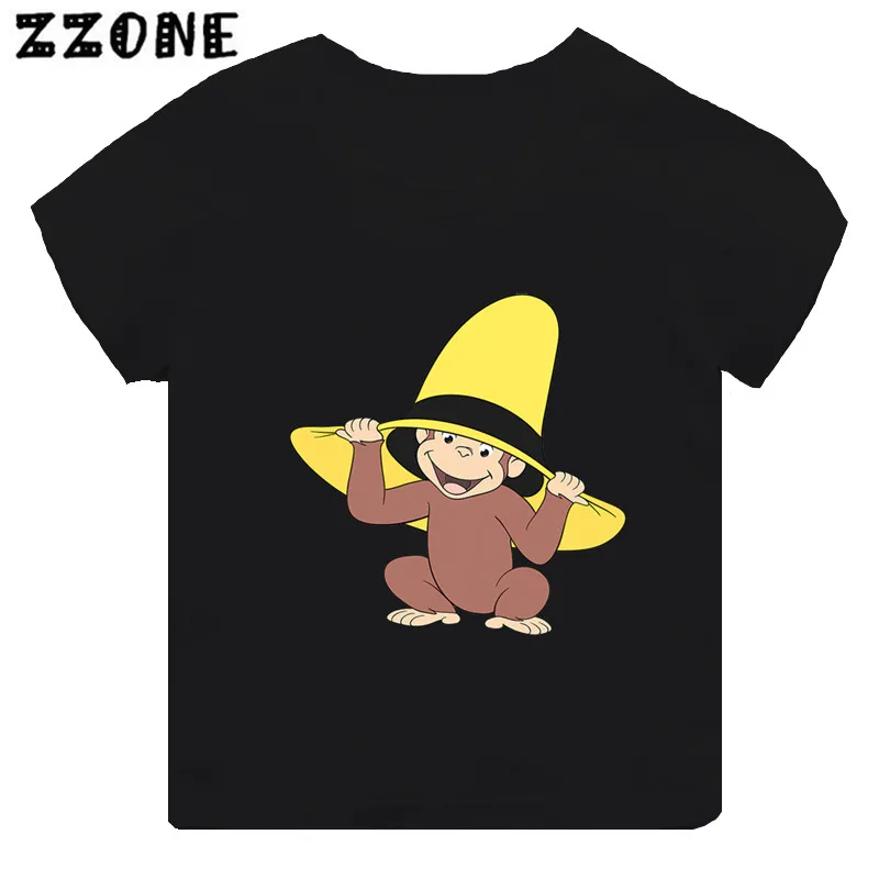 Curious George Funny Monkey Print Cartoon Kids T-shirt Girls Clothes Baby Boys Black Short Sleeve T shirt Children Tops,TH5266