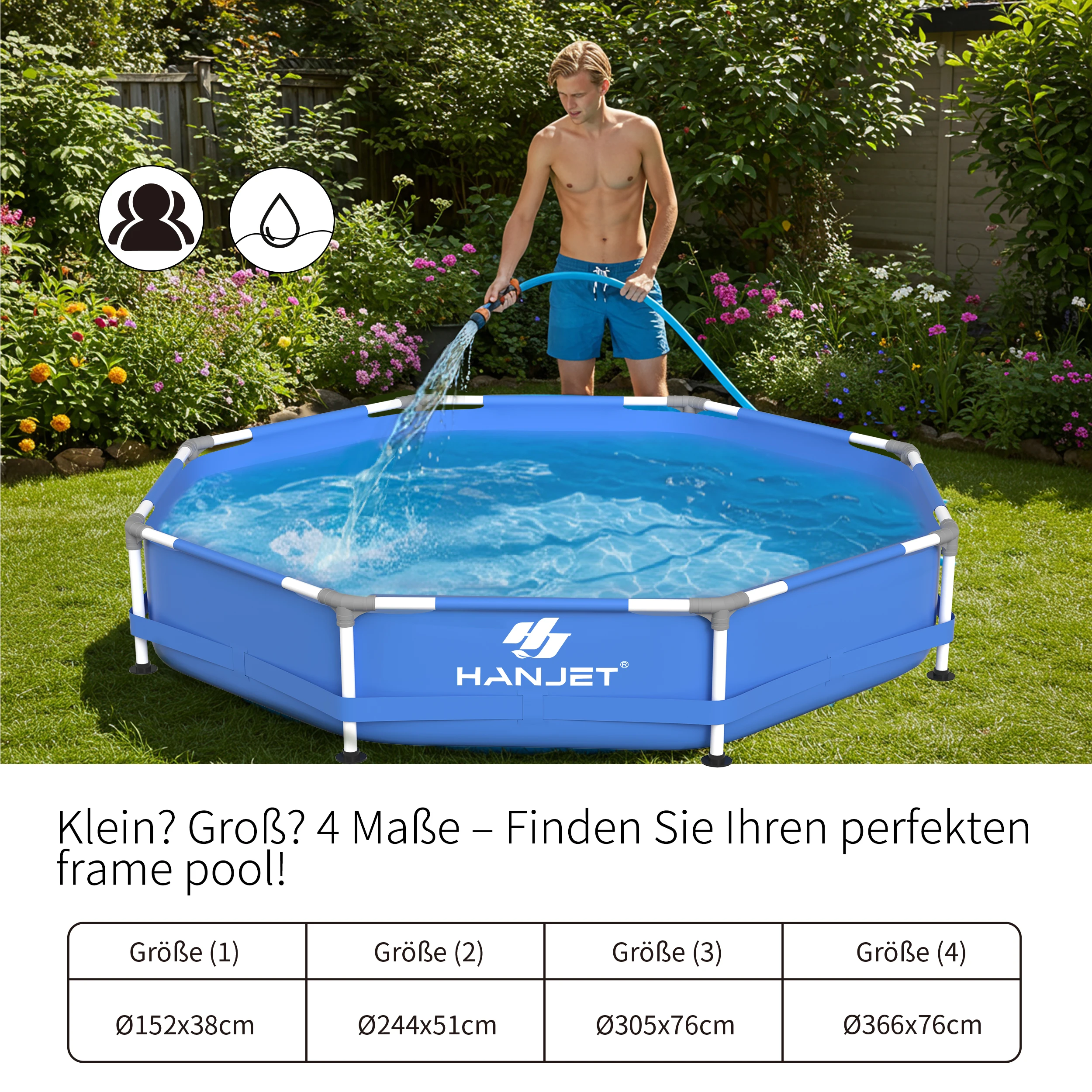 Basen stalowy Hanjet, basen z ramą stalową, basen PE, basen ogrodowy, basen letni, basen ze stalową ramą, okrągły, niebieski