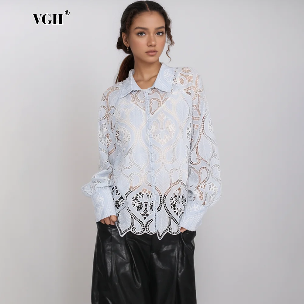 VGH Hollow Out Solid Embroidery Blouses For Women Lapel Long Sleeve Spliced Single Breasted Loose Casual Shirts Female Style New